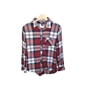 Beach Lunch Lounge Red Plaid Flannel Long Sleeve Button Up Shirt Size S